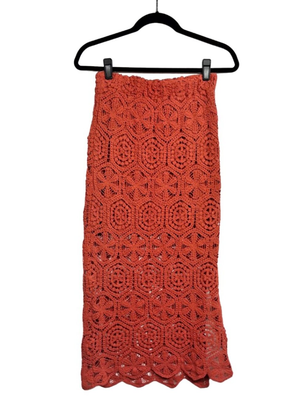NEW YORK & COMPANY Orange Crochet Skirt Midi Pull On Boho Geometric Print Small